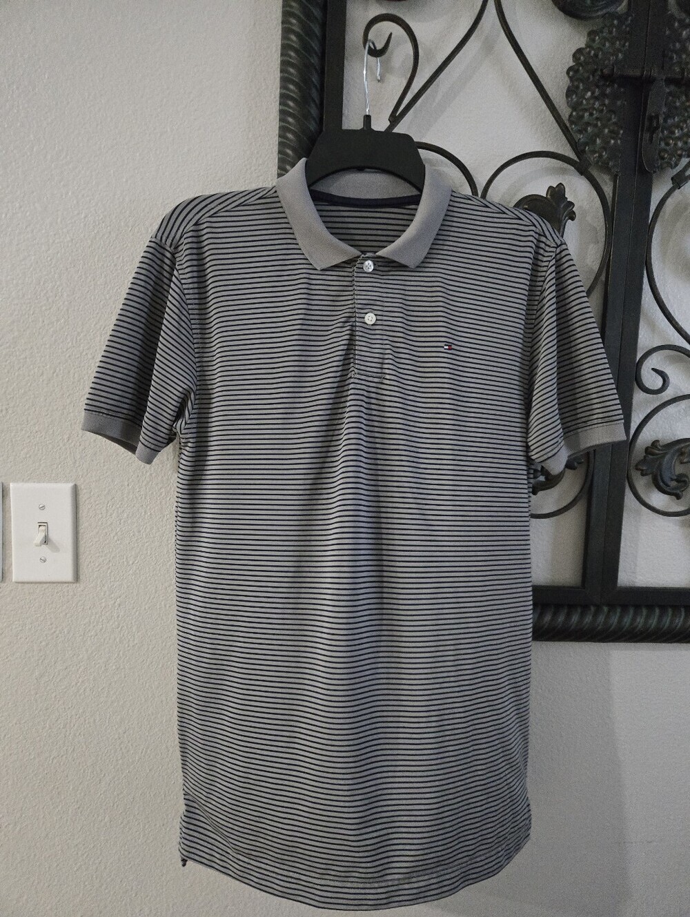 Tommy Hilfiger Men's Gray and Navy Striped Dri Fit Polo